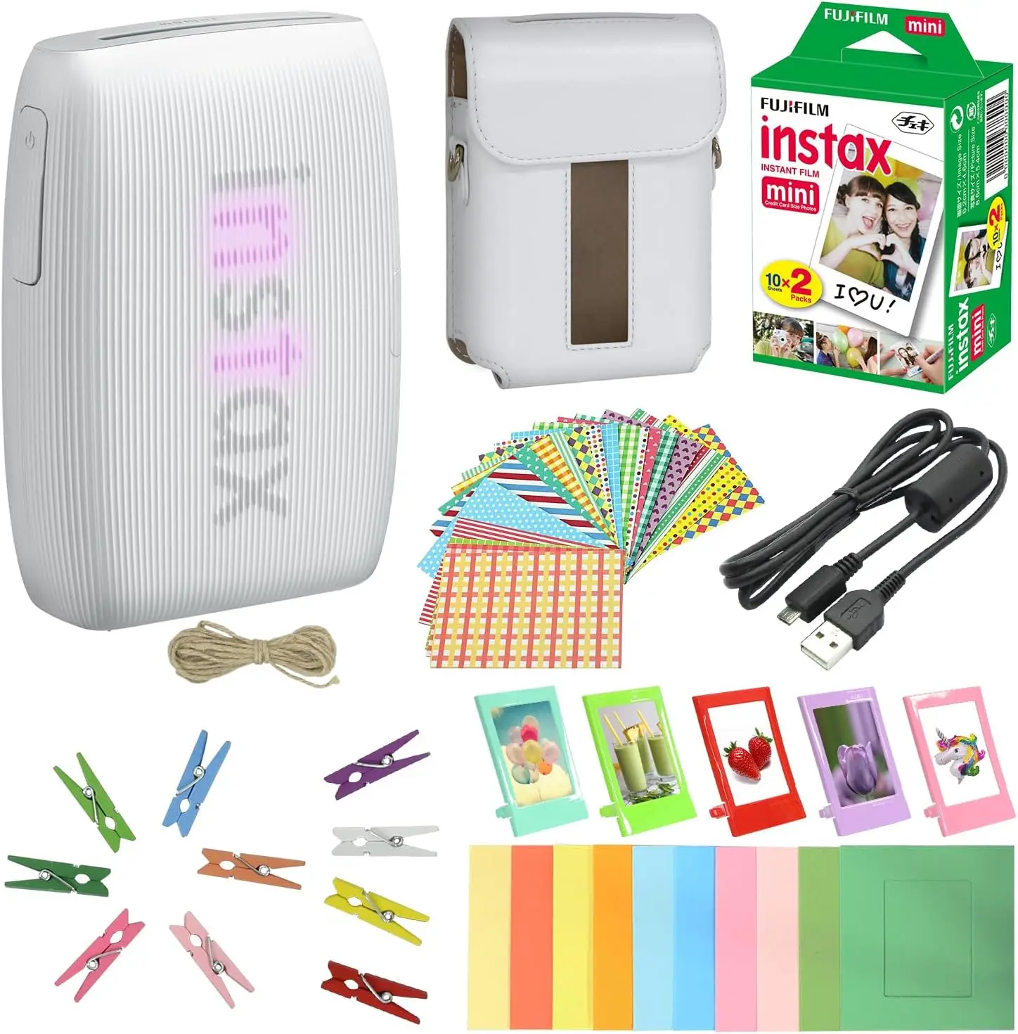Smartphone Printer Bundle with 20 Sheets, Album, Desk Frames & Stickers in Clay White