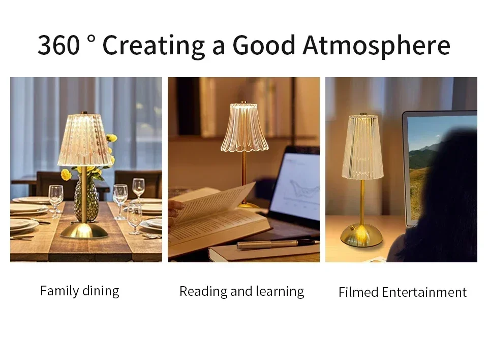 Rechargeable Touch Table Lamp 3 Colors Dimmable Artificial Crystal Lamp Portable Night Light for Bedroom Living Room Restaurant