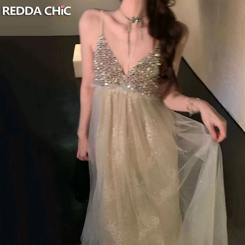 

ReddaChic Plunge V Neck Women Party Dress Vintage Evening Lace Spaghetti Straps Long Dress Hotties Cocktail Party Summer Clothes