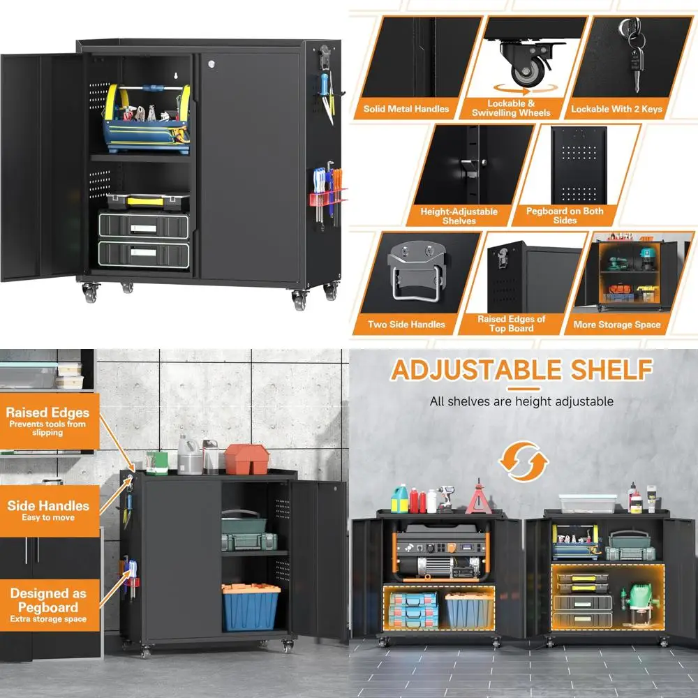 조절 가능한 선반과 잠금 가능한 수납 공간이 있는 휴대용 철제 롤링 공구 캐비닛 (차고 정리용)