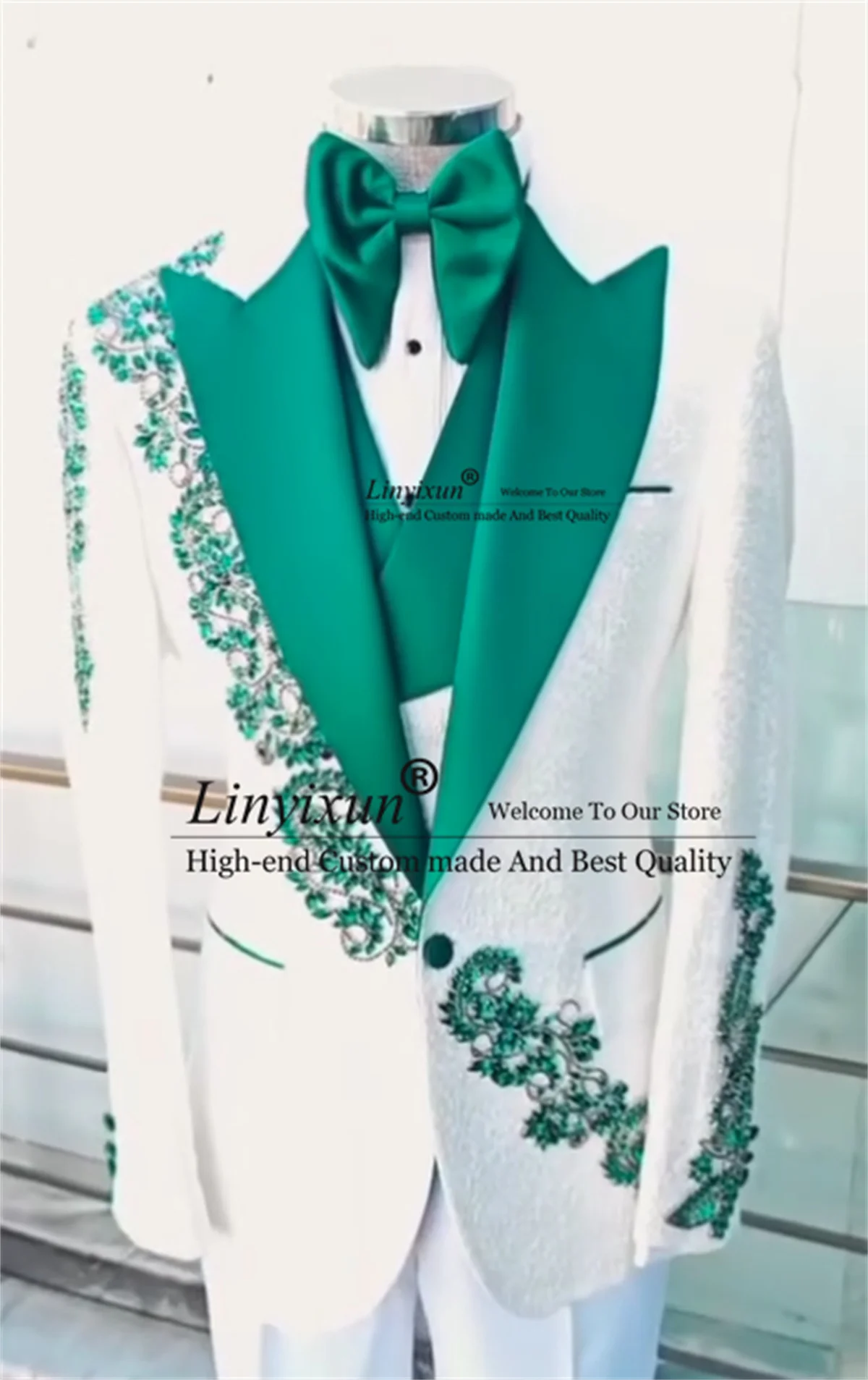 

Customized Diamond Applique Men Suits 3 Pieces Sets Jacquard Tuxedos Wedding Blazer Pants Outfits Slim Fit Male Prom ropa hombre