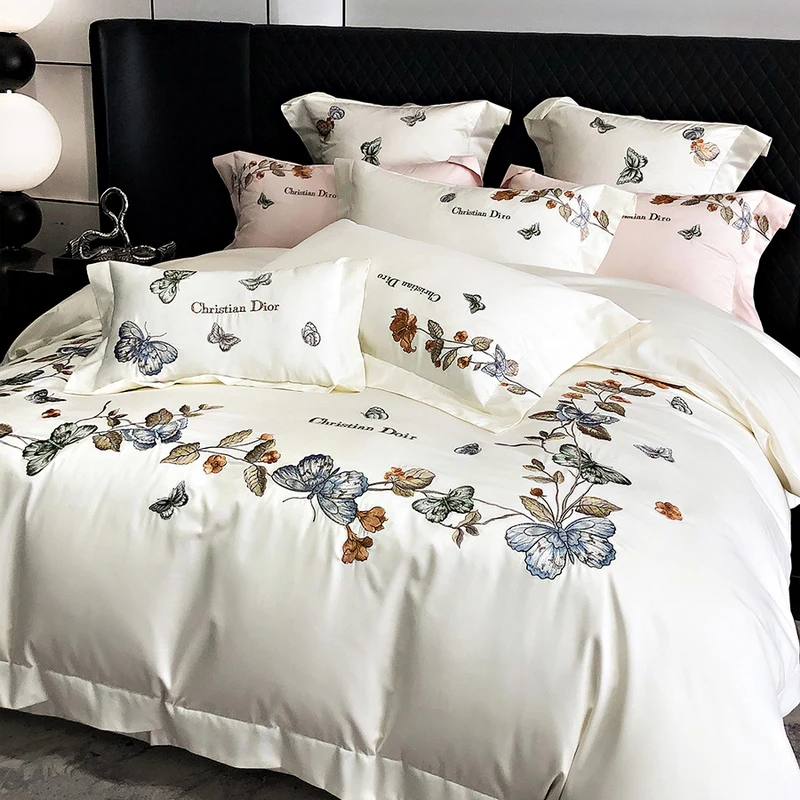 Butterfly Flowers Embroidery Bedding Set Luxury  White Egyptian Cotton Duvet Cover Flat/Fitted Sheet Mattress Cover Pillowcases