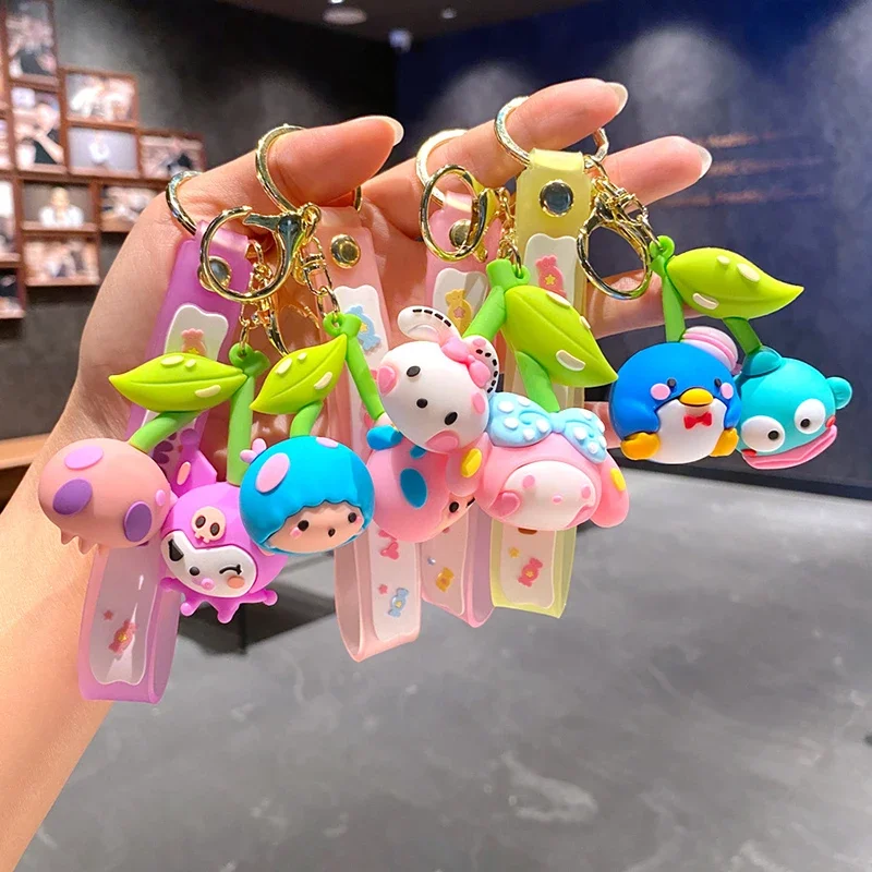 New Cute Sanrio Creative Cherry Kuromi Melody Cinnamoroll Hello Kitty Keychain Cartoon Key Ring Couple Bag Pendant Small Gift