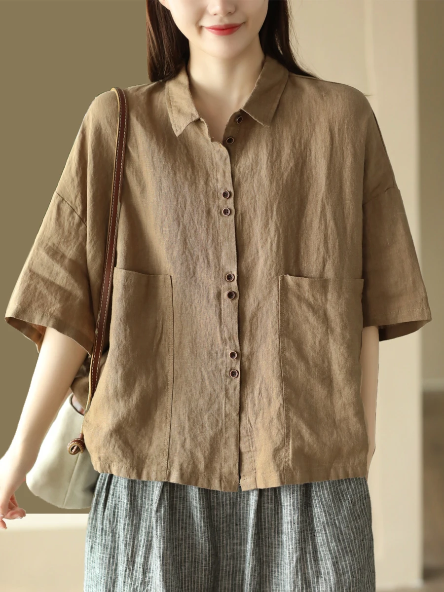 

Retro Waed Linen irt Women's Casual mid Sve Collared Top with Big kets Commute Sle Loose Fit Button Detail