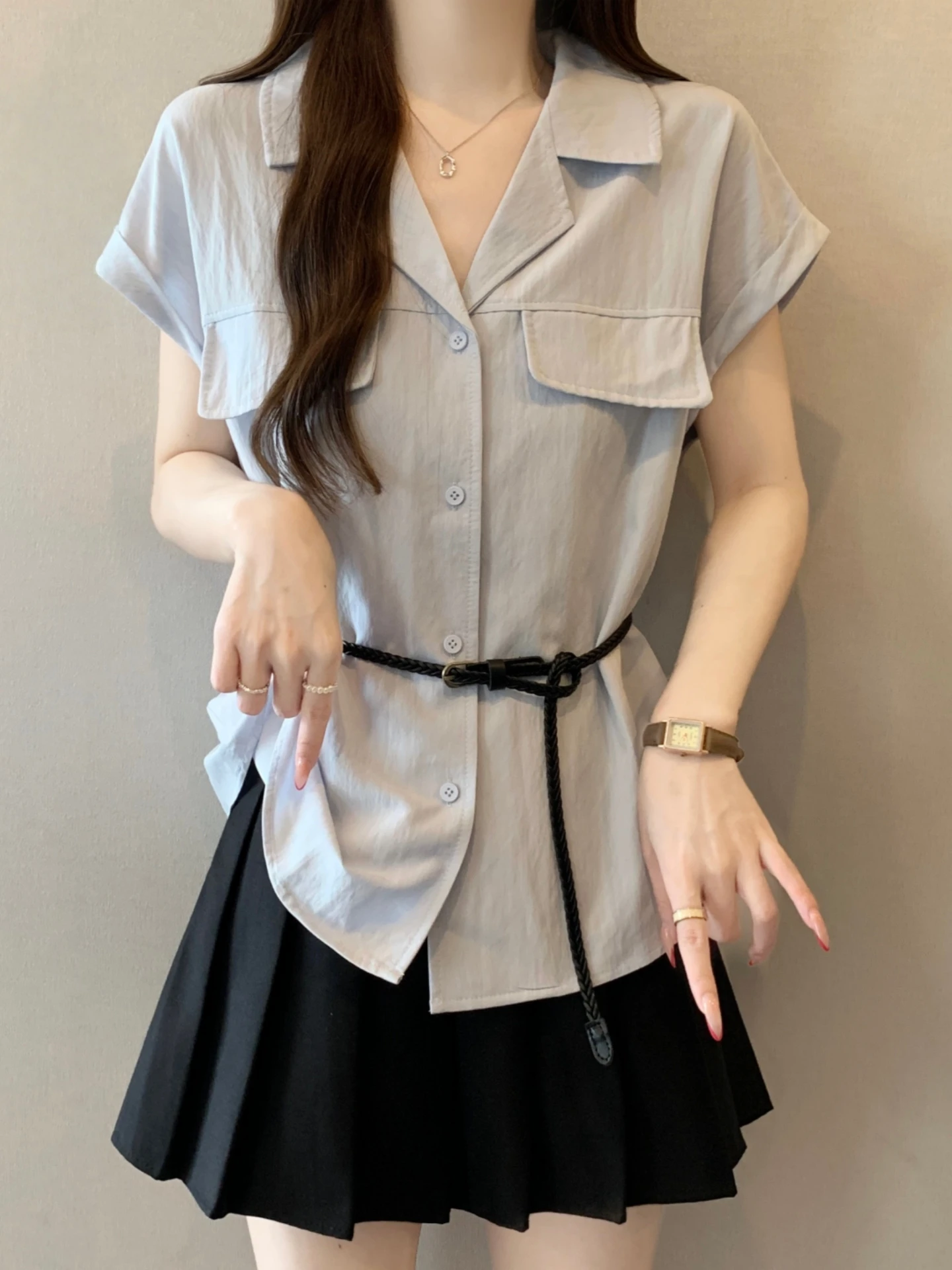 

Women's Summer Slim Fit Short Sleeve Shirt Double Pocket Design Belted Waist Flattering Tummy Covering Commute Style Korean V...