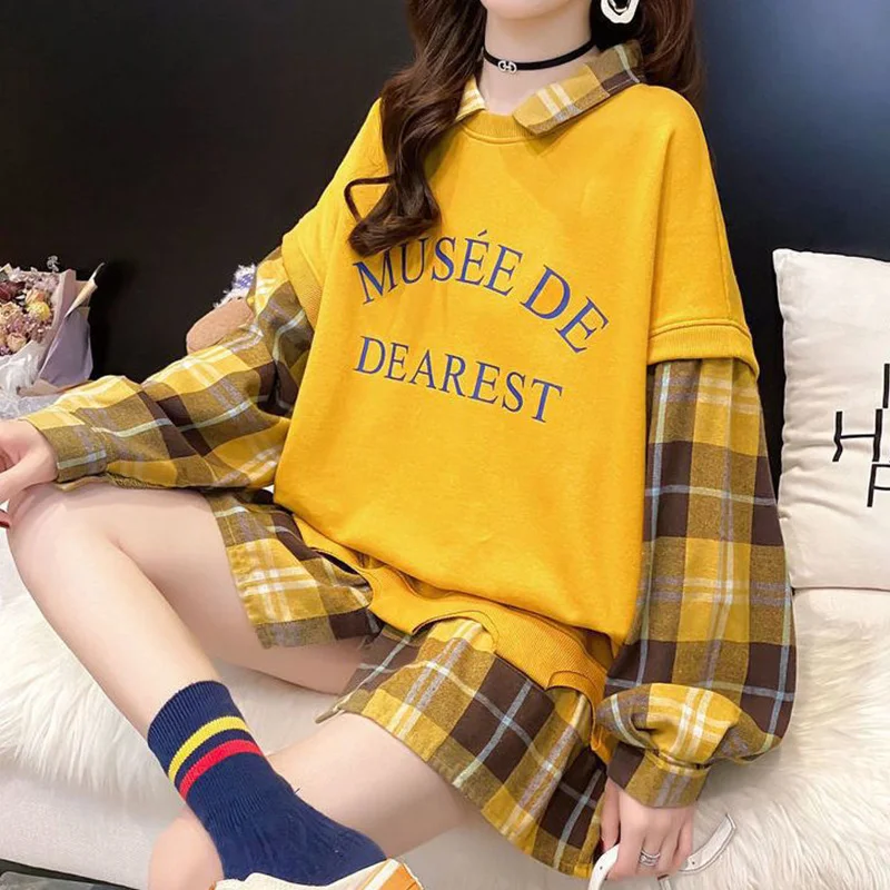 Autumn Korean Patchwork Turn-down Collar Long Sleeve T-Shirts Women Clothes All-match Plaid Loose Sweatshirts Fake Two Pieces