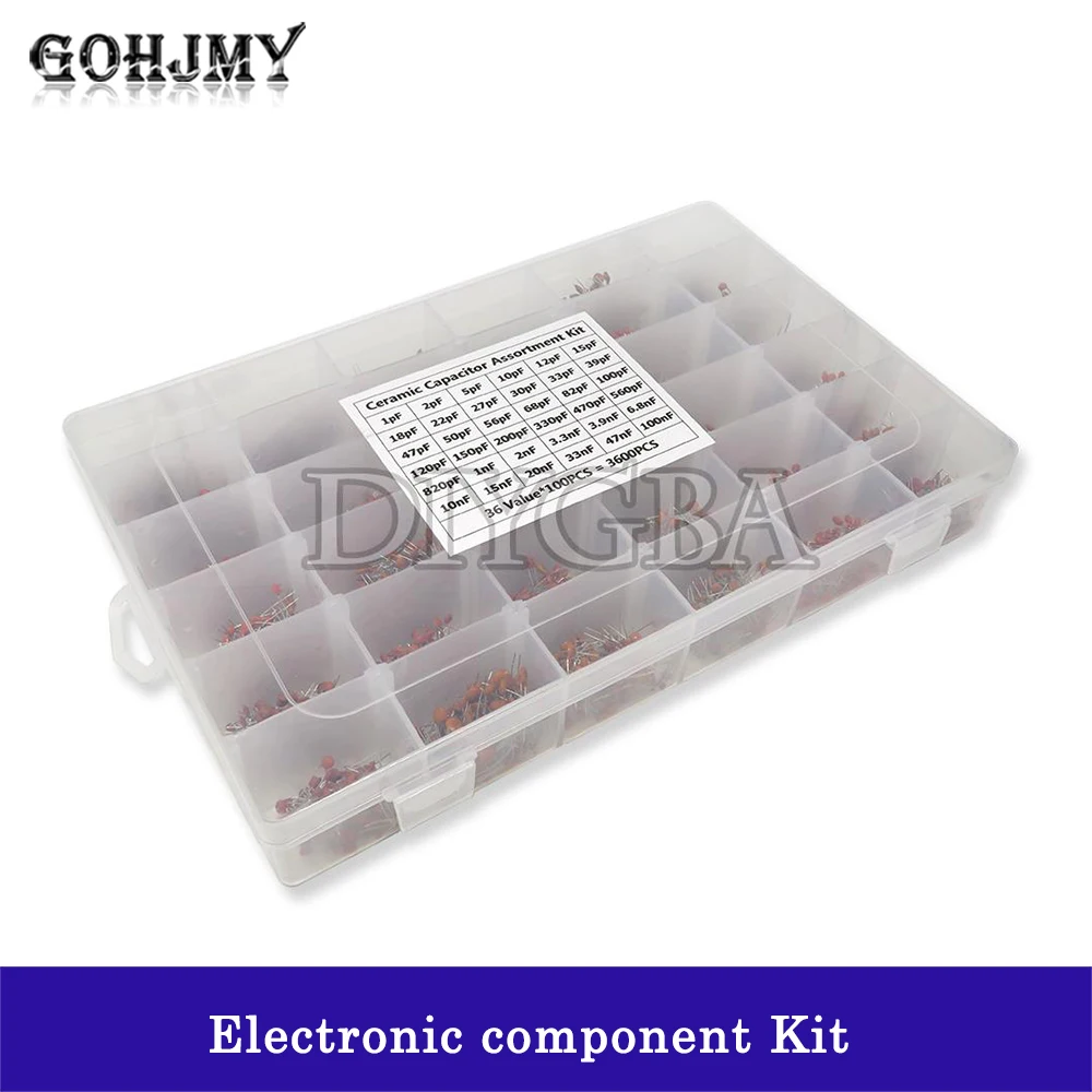 3600PCS/lot Ceramic Capacitor Assortment Kit 1PF-100nF  10PF 22PF 33PF 47PF 100PF 330PF 470PF 1NF 10NF 50V Capacitors set GOHJMY