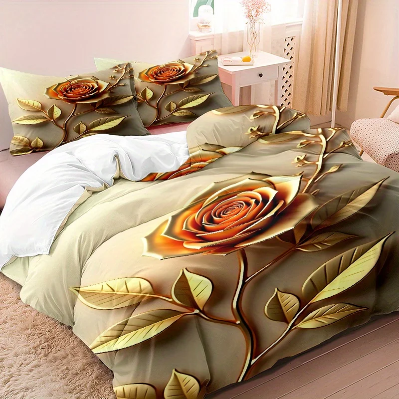 

3pcs Minimalist Modern Art Style 3D Golden Flower Down Duvet Cover Set, 1 * Duvet Cover + 2 * Pillowcases, No Insert, Golden