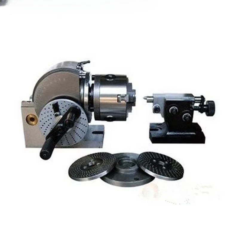 

Semi-universal indexing head with indexed center attachment indexing plate and 3-jaw lathe chuck