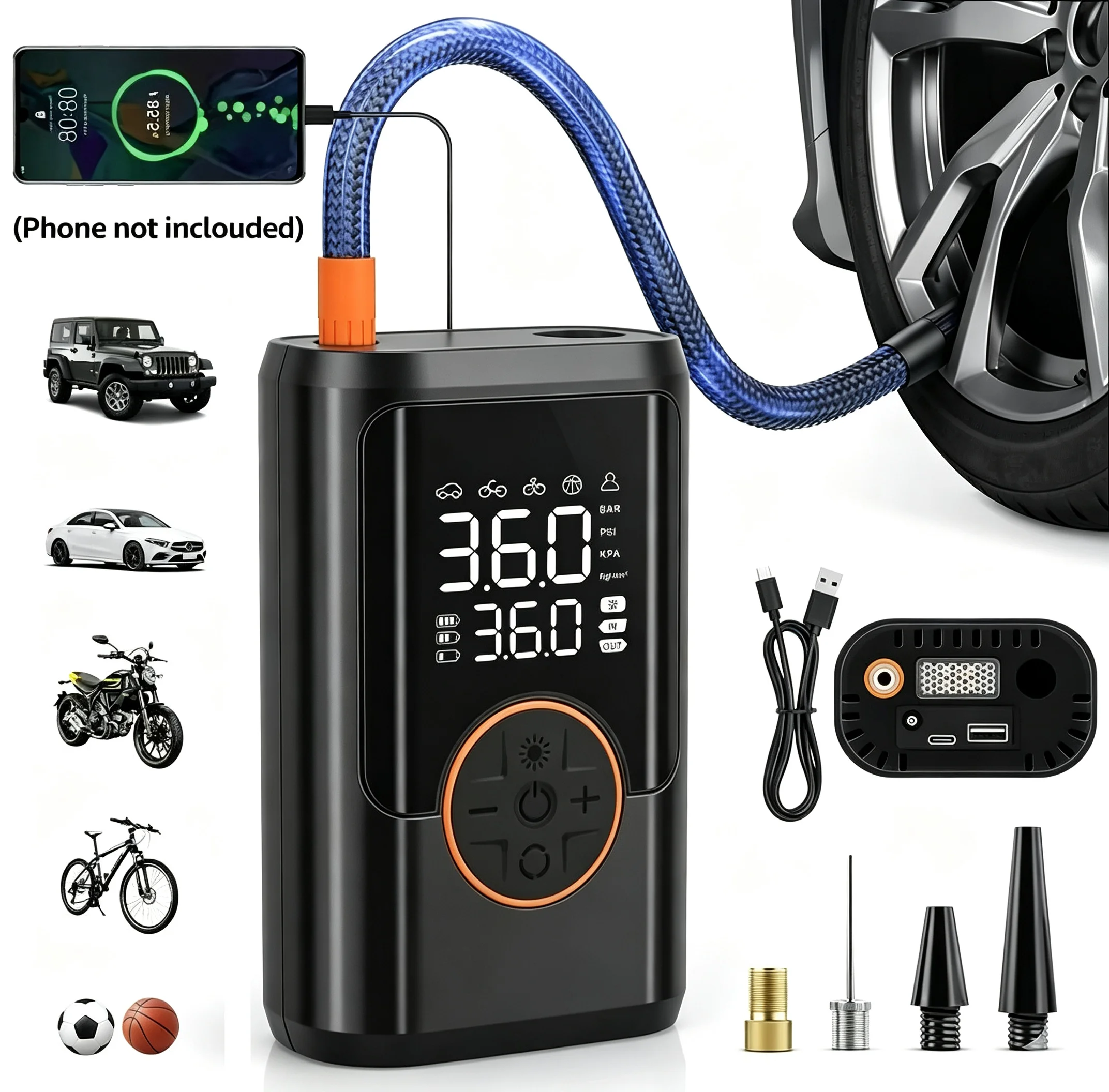 19-Cylinder 150Psi High-Pressure Portable Air Pump, Large-Capacity Battery, Wireless Inflator with Led Digital Display, Can Be Charged by Mobile Phone, Led Lighting, with Multi-Function Nozzle, for Car, Motorcycle, Bicycle Wheels, Basketball, Football, Volleyball, Swimming Rings, Etc., Car Repair Tools, Car Accessories, Motorcycle Accessories, Bicycle Accessories, Ultra-Long Standby Air Compressor. Replacement for the Hydraulic Air Pump.