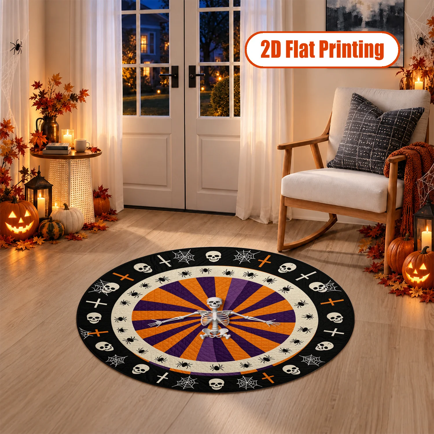 Round Halloween Skeleton Skull Spider Web Velvet Area Rug, Machine Washable, Stays Firmly In Place, Ideal for Living Room, Bedroom, Entryway, Great for Halloween, Thanksgiving, Christmas, New Year, Black Friday, Cyber Monday Decor