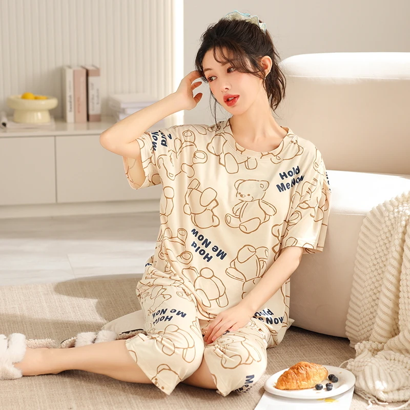 Zomerse Loungewear Met Borstkussentjes Dames Pijama Modal Tops Met Korte Mouwen + Kuitlange Broek 2 Stuks Pyjama 'S Mode Vrouw Pyjama Set