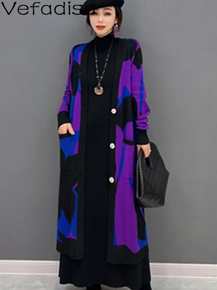 Vefadisa 2024 Autumn V-neck Cardigan Knitting Coat Loose Mid-length Printing Single Breasting Sweater Coat Women Purple LHX3415