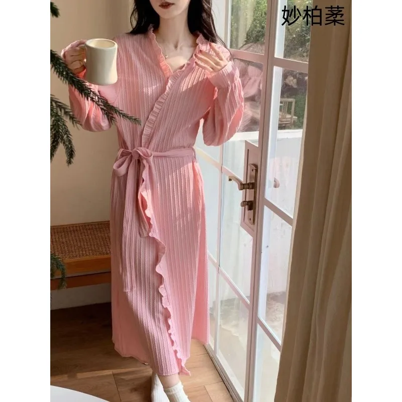 2023 Women\'s Autumn Winter Sweet Nightgown V-neck Sweet Sleepwear Lace Up Bathrobe Long Dressing Gown Homewear Flounce Pajamas