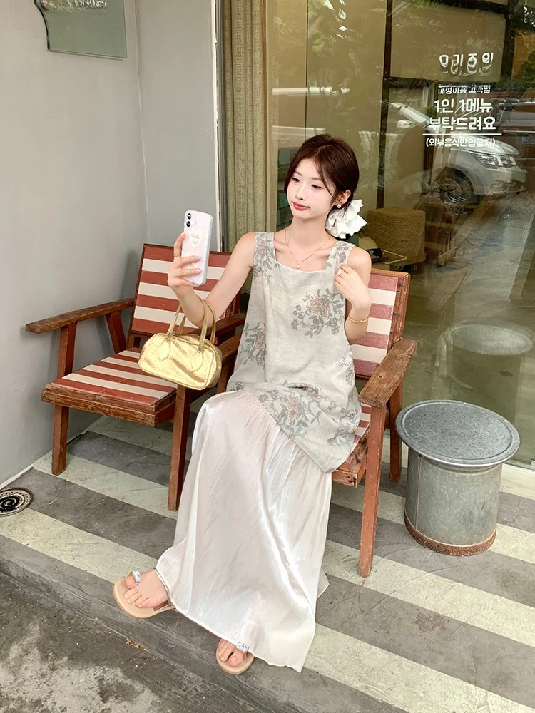 Retro Simple Satin Patchwork Vest Dress Women's Summer Design Elegant Loose Meat Covering Student Long Skirt Silk Material