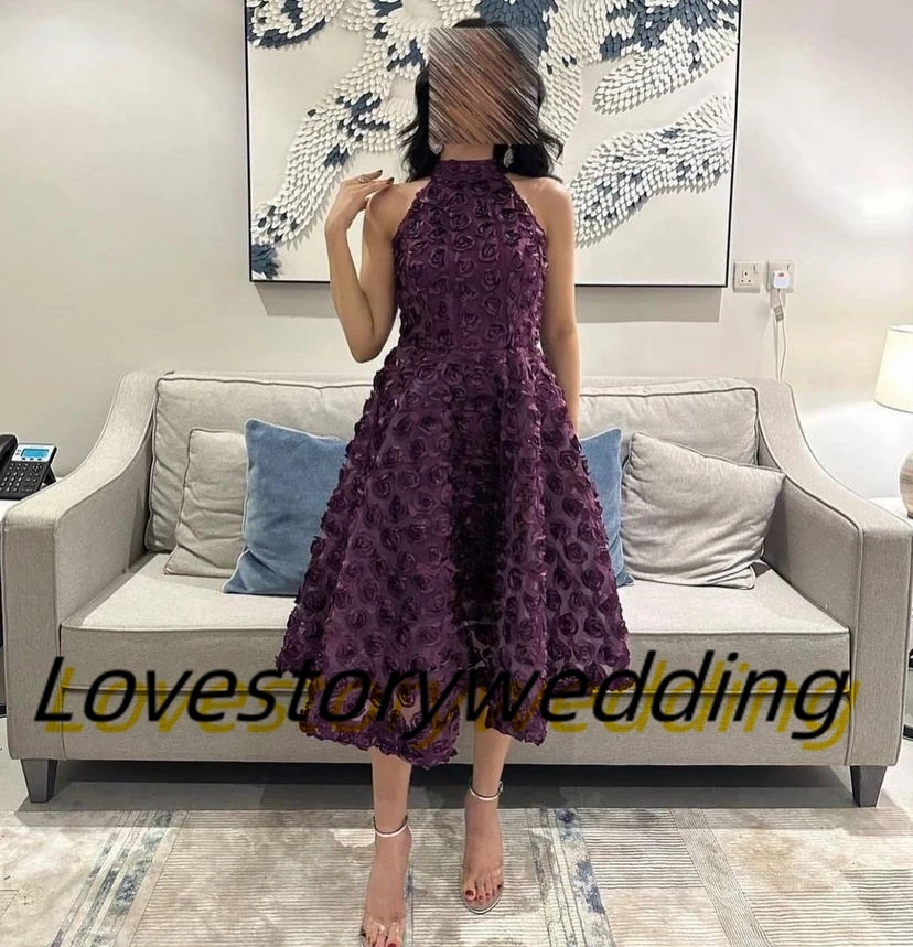 

Lovestory 3D-Flowers A Line Tea Length Prom Dresses High Collar Sleeveless Homecoming Party Graduation Special Banquet Gowns