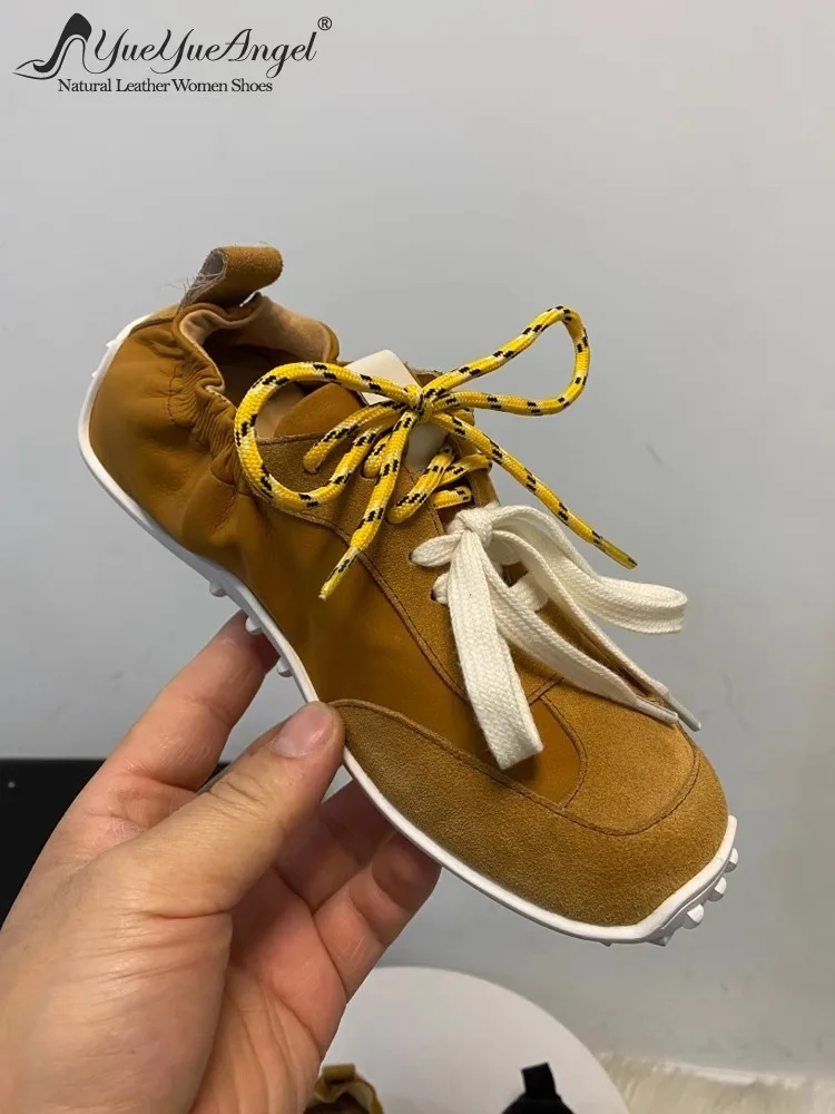 

Vintage Genuine Leather Pumps New Designer Lace Up Spring Casual Low Cut Shoes Round Toe Breathable Soft Sole Walking Shoes