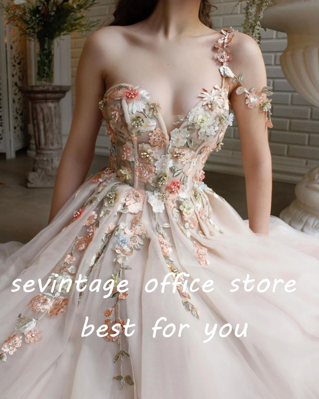 Sevintage Champagne Tulle Long Prom Dresses Sweetheart 3D Flowers Beading Pearls A-Line Evening Gowns Formal Party Dress 2022