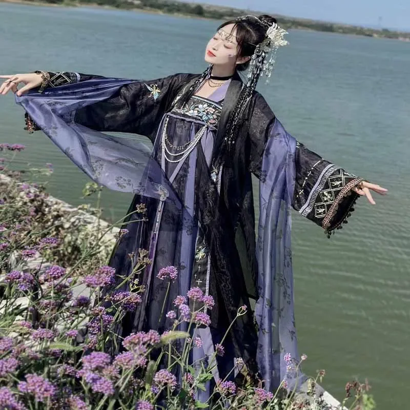 Strój Hanfu z dynastii Tang, starożytny tradycyjny haft, kostium do cosplay, fioletowo-niebieska sukienka Hanfu, popularna chińska sukienka Hanfu dla kobiet QWRE