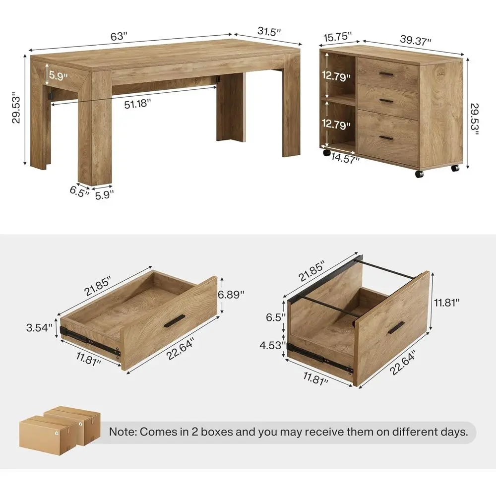 مكتب تنفيذي كبير على شكل حرف L مع مساحة تخزين، وخزانة ملفات متنقلة، وأرفف، مثالي للمنزل أو المكتب، بني