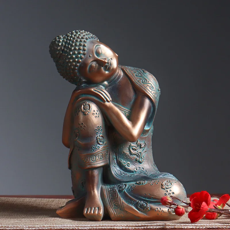 Bronze-like Reclining Buddha Statue, Decorative Figurine for Living Room Entrance，Religious Display and Feng Shui Ornament
