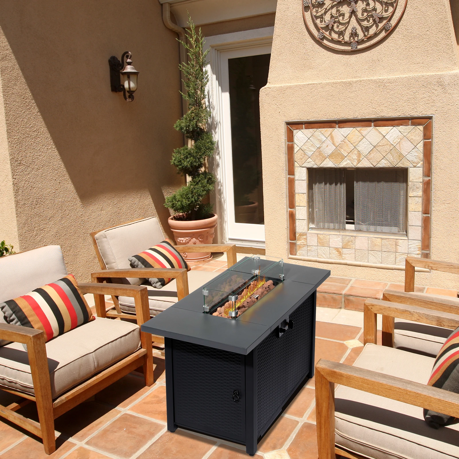 43-Inch Fire Table，50000 BTU Gas Firepit with Volcanic Stone Black