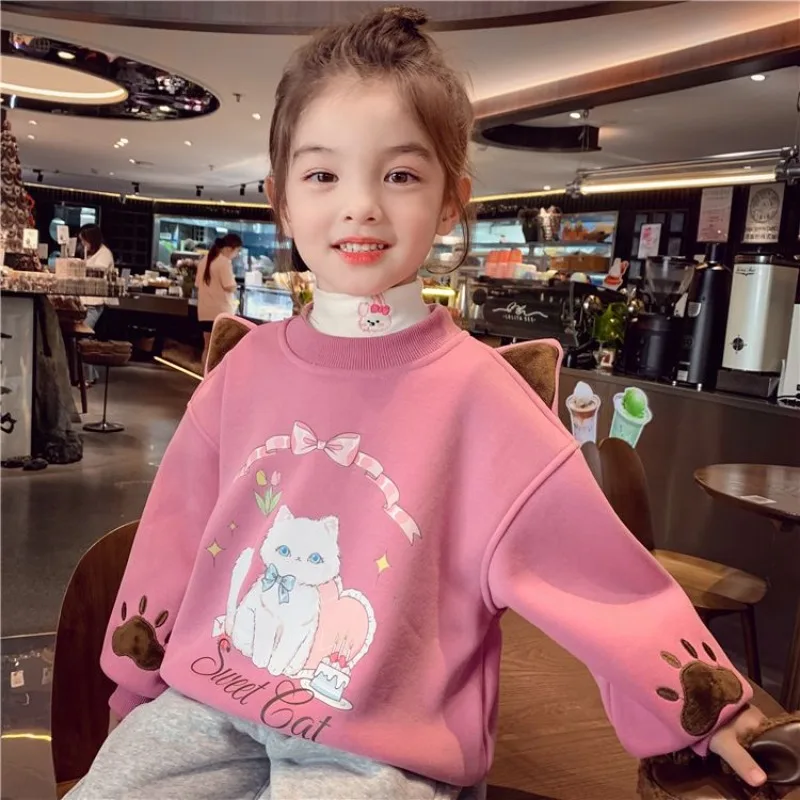 

Girls' Winter 2025 New Arrival Stylish Korean Style Cartoon Print Fleece-Lined Crewneck Pullover Sweatshirt