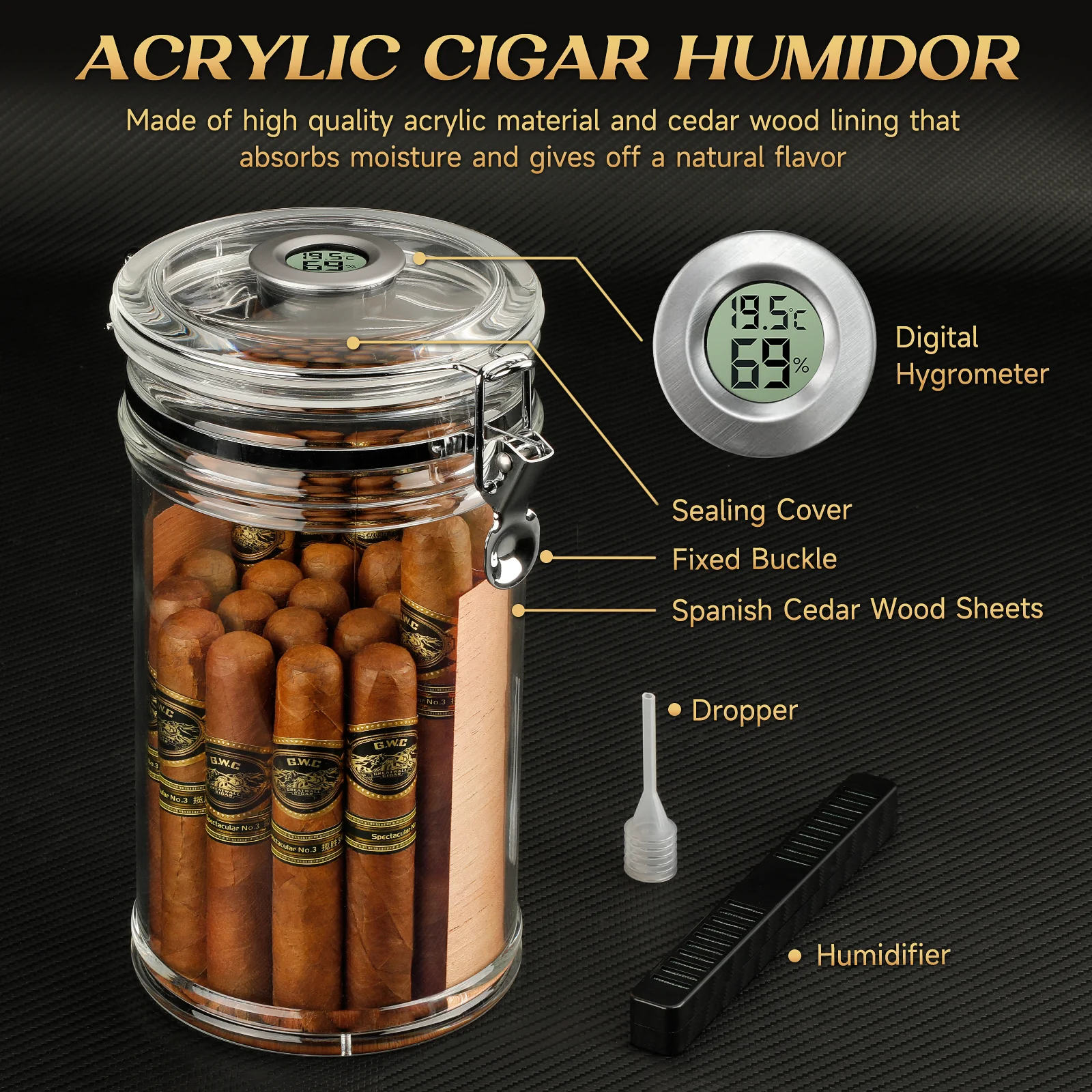 Acrylic Humidor Jar with Digital Hygrometer,Tall Design Fits Long Cigar,Humidifier,Cedar Veneer,Travel Humidor for 15-20 Cigars
