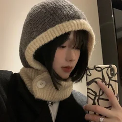 Japanese Retro Balaclava Hat Women Scarf Winter Hat and Neck Cold Proof Warm Knit Cap Female Fashion Color Matching Women's Hats