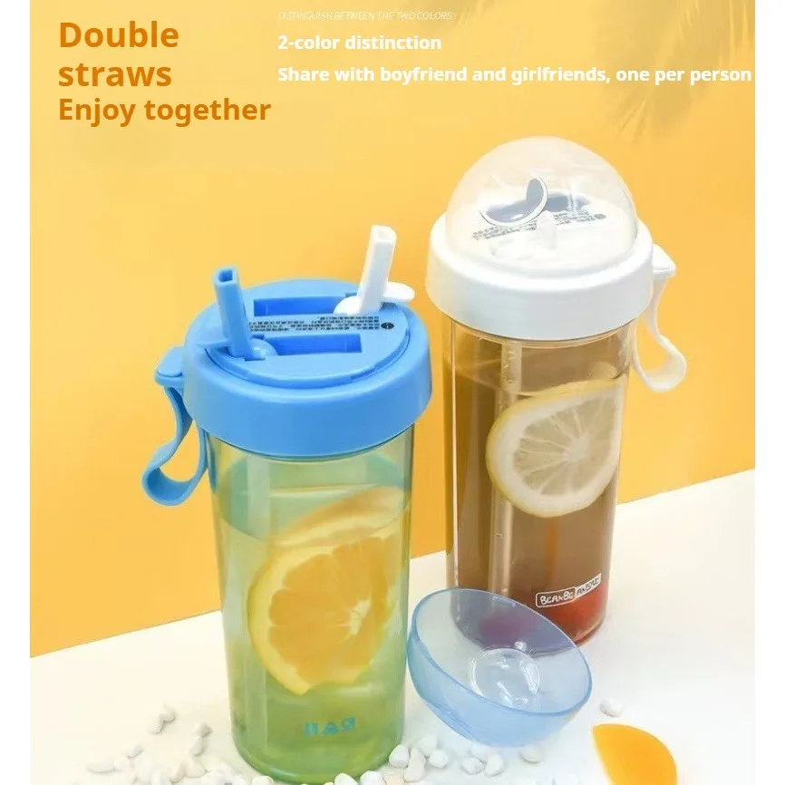 زجاجة شرب مزدوجة الجدار سعة 600 مل، كوب لطيف للفتيات والطالبات في الهواء الطلق مع مقبض شفاطات مزدوجة، زجاجة مياه بلاستيكية محمولة