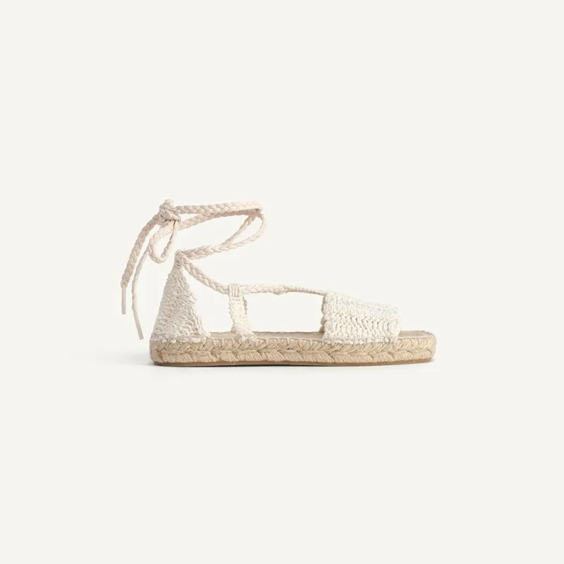 Summer 2026 Girls Flats Sandals Women Bohemian Style Soled Straw Braided Fisherman Sandals Roman Flat Soles Lace Up Sandalias