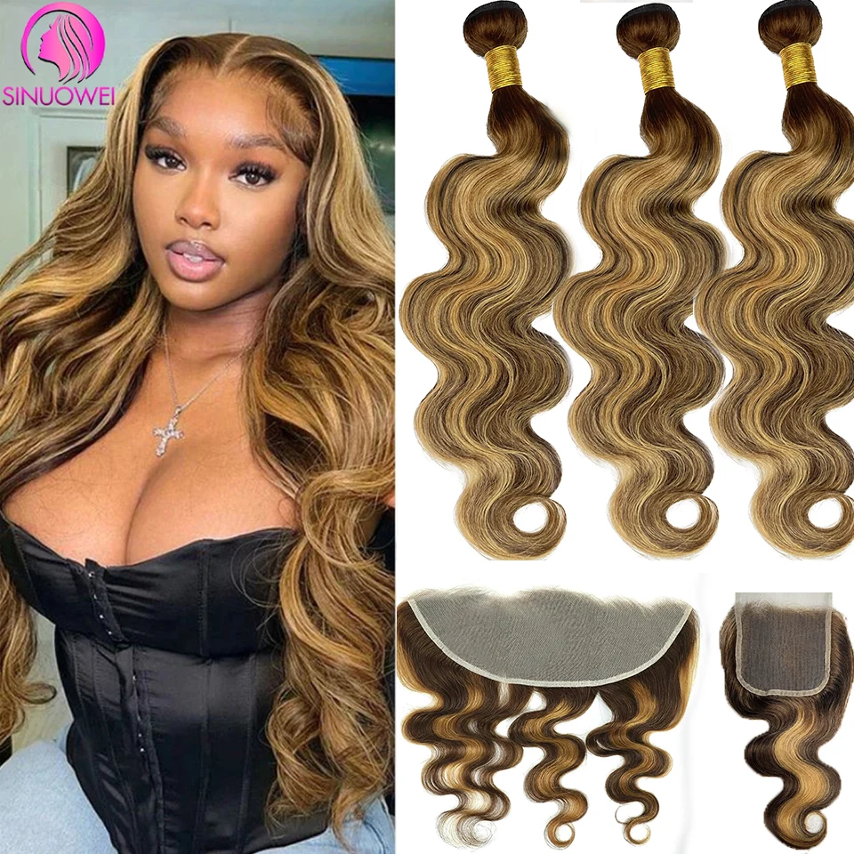 P4/27 Highlight Body Wave 3/4 Real Human Hair Bundles With 13x4 Transparent Lace Frontal Pre-Plucked Peruvian Remy Hair