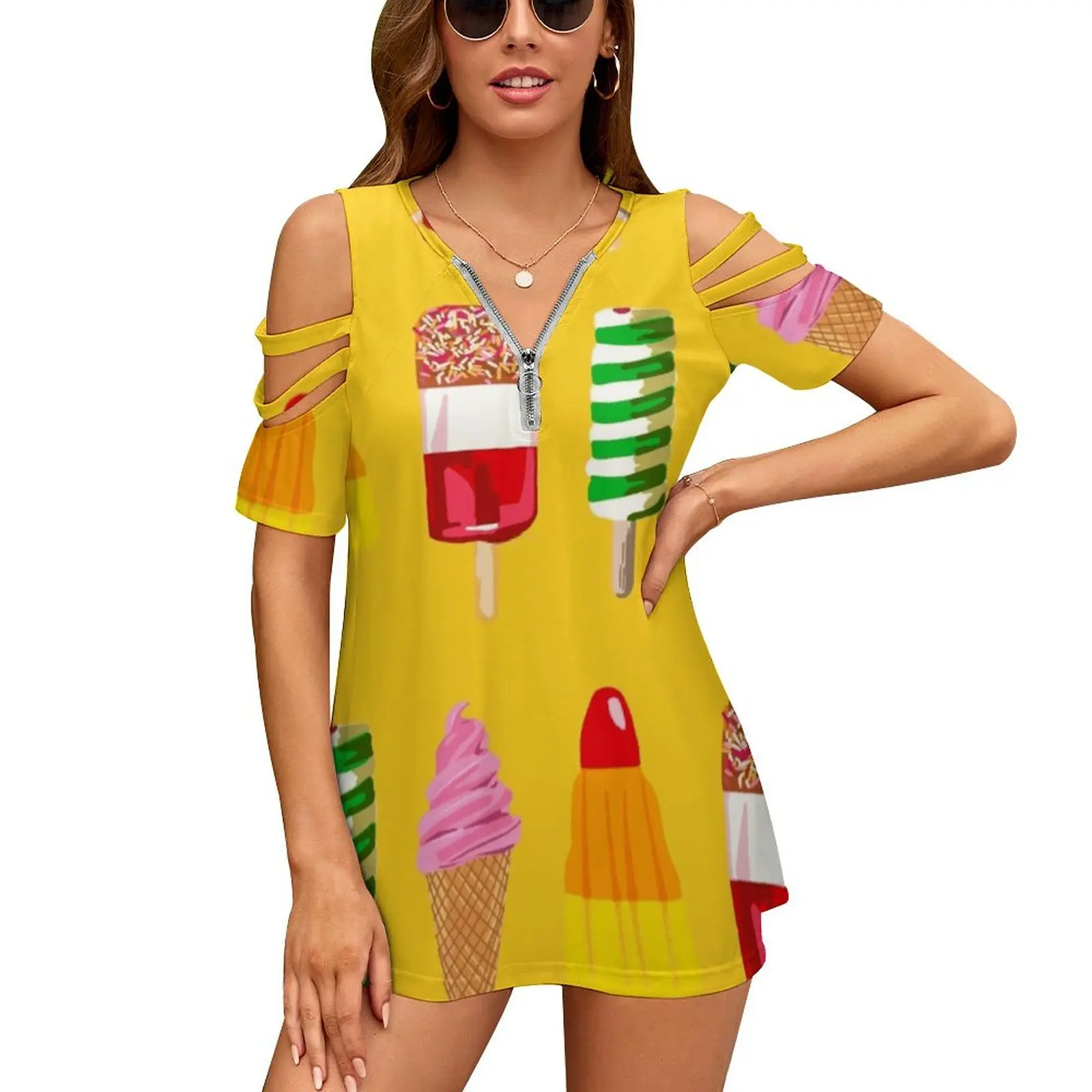 Summery Ice Cream Print On Yellow New Fashion Zip Off Shoulder Top Short-Sleeve Women Shirt Summer Ice Creams Ice Lolly Icy Ice