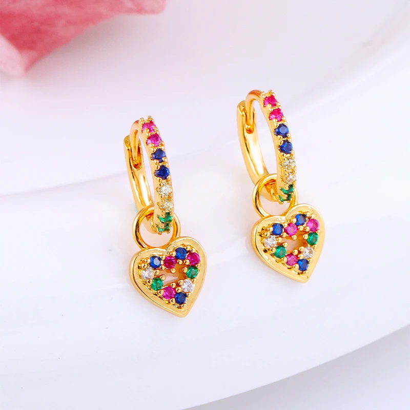 JINFU Gold-plated Drop Earrings For Women Fashion Piercing Color CZ Zircon Heart Dangle Earrings 2023 Jewelry Wholesale