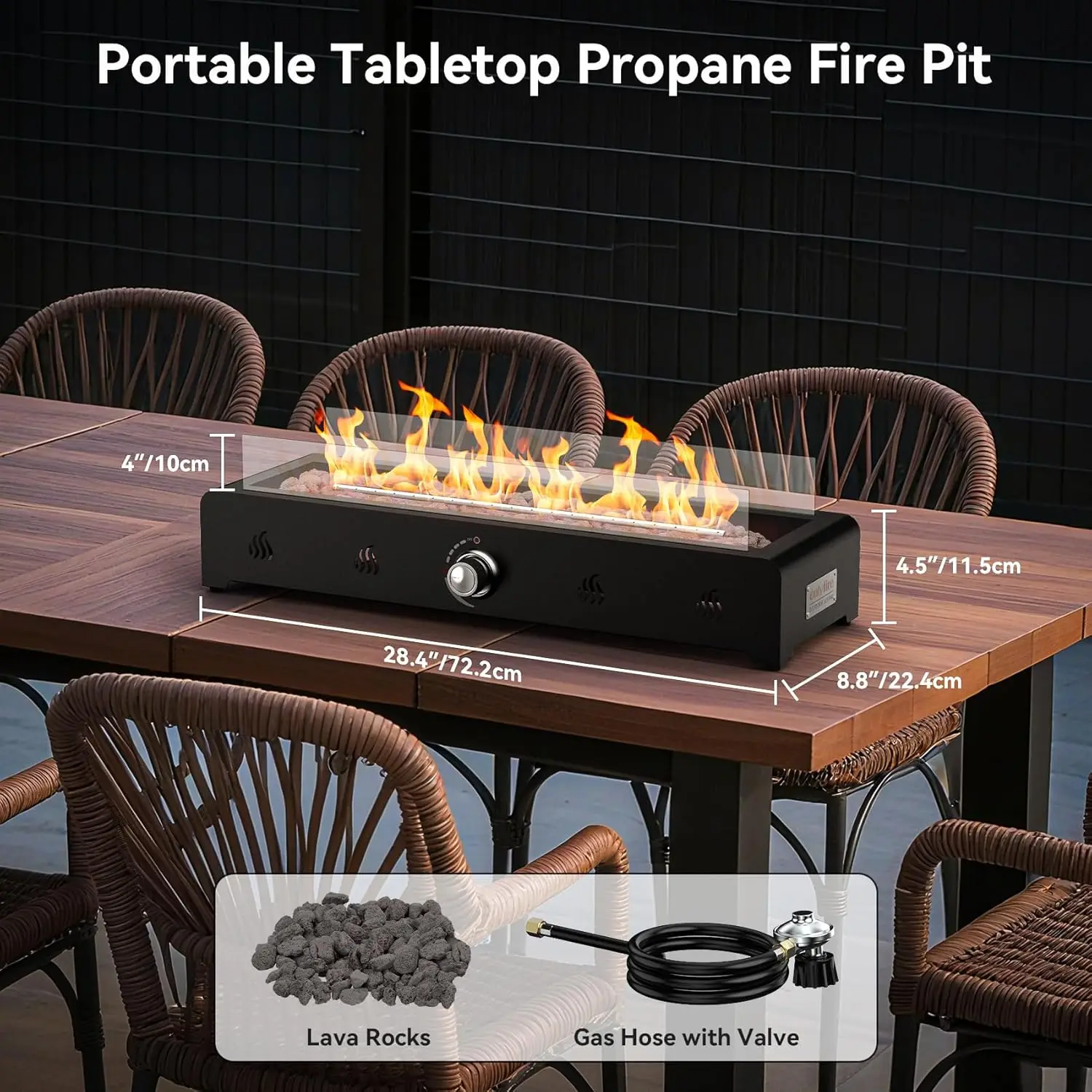 Outdoor Patio Smokeless Rectangular Propane Tabletop Fire Pit with Glass Wind Guard and Lava Rock