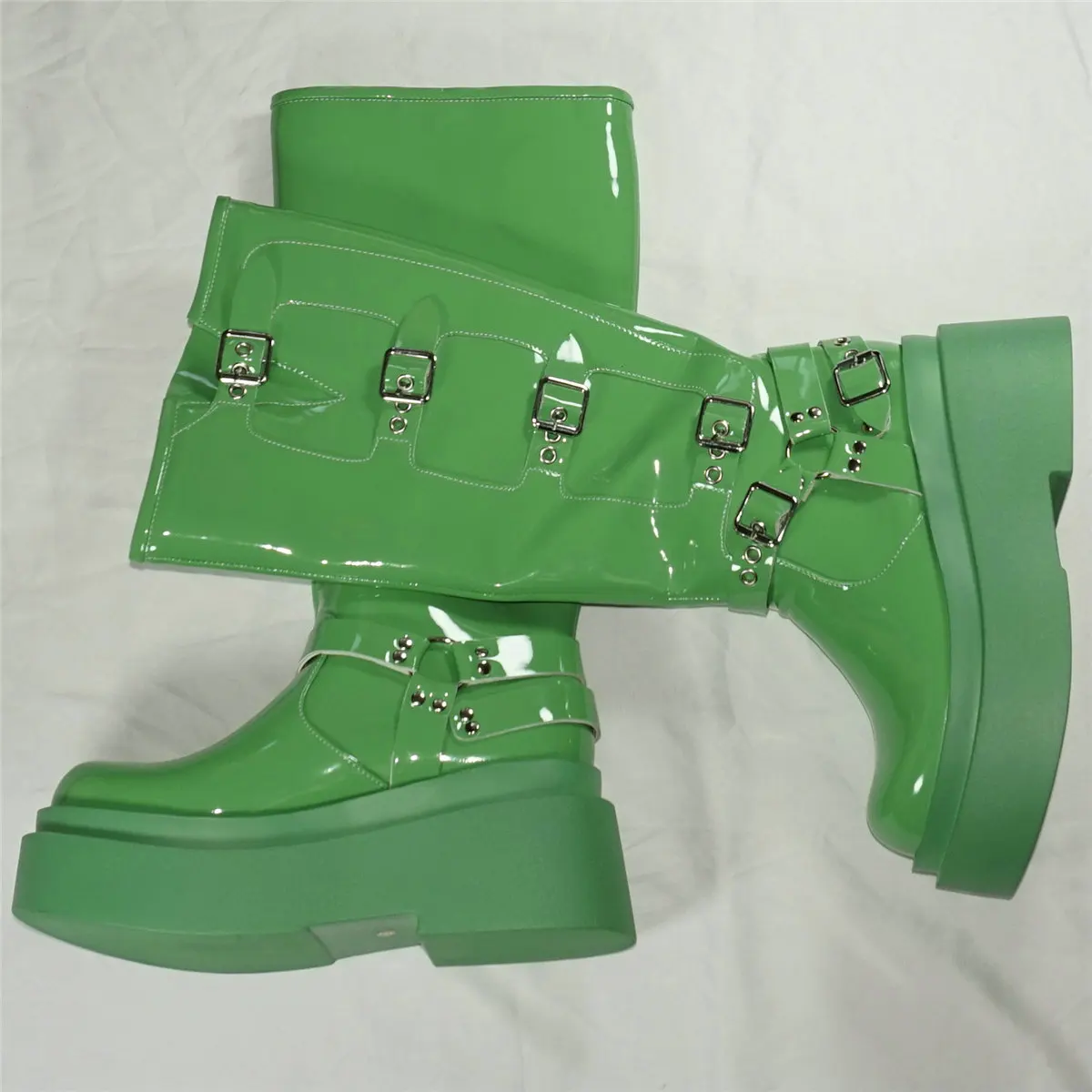 

Green Wedges Fashion Sneakers Women Patent Leather Super High Heels Knee High Boots Female Round Toe Platform Pumps Casual Shoes