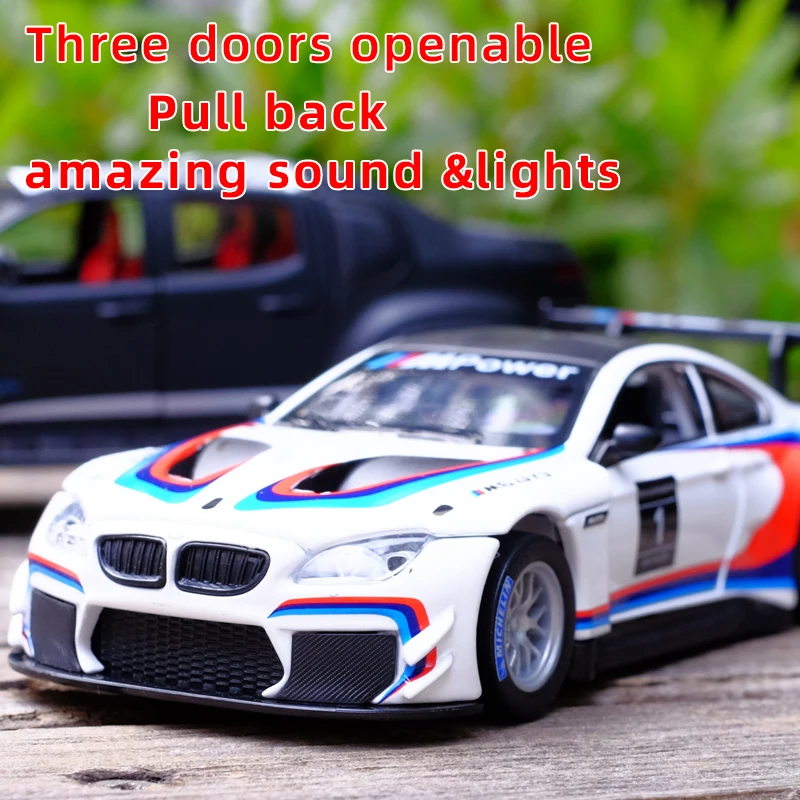 

1:32 BMW M6 GT3 Sports Car Model Diecast Toy Pull Back Three Doors Openable Sound Light Collection Model car toys for boys