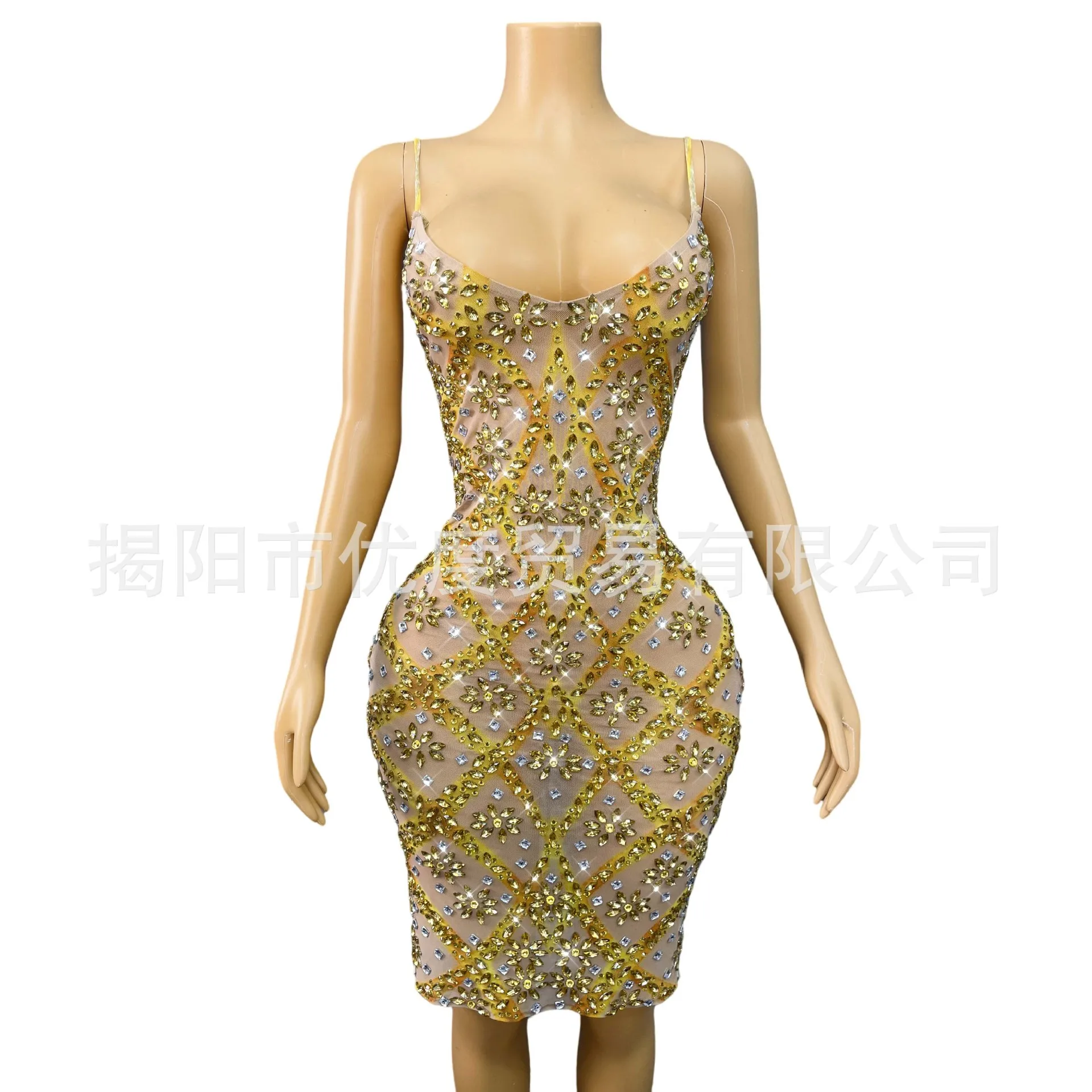 Gold Glam Rhinestone Slip Skirt Stretch Birthday Party Cocktail Party Stage Performance Costume Chrysanthemum Tea Abiti Da Festa