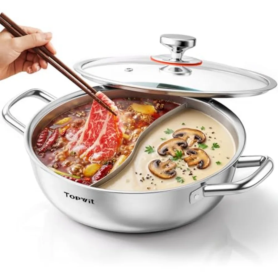 

3-Ply Construction 316 Stainless Steel Double-flavor Shabu Shabu Pot, 5.5QT Hot Pot with Divider, 11″ Dual Side Pot for Cooking