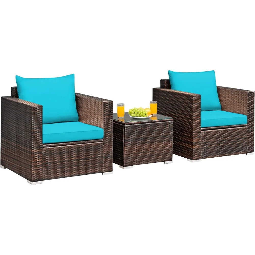 

3 Pieces Patio Furniture Set, Outdoor Conversation Rattan Furniture Set w/Washable Cushion and Tempered Glass Tabletop, PE Ratt