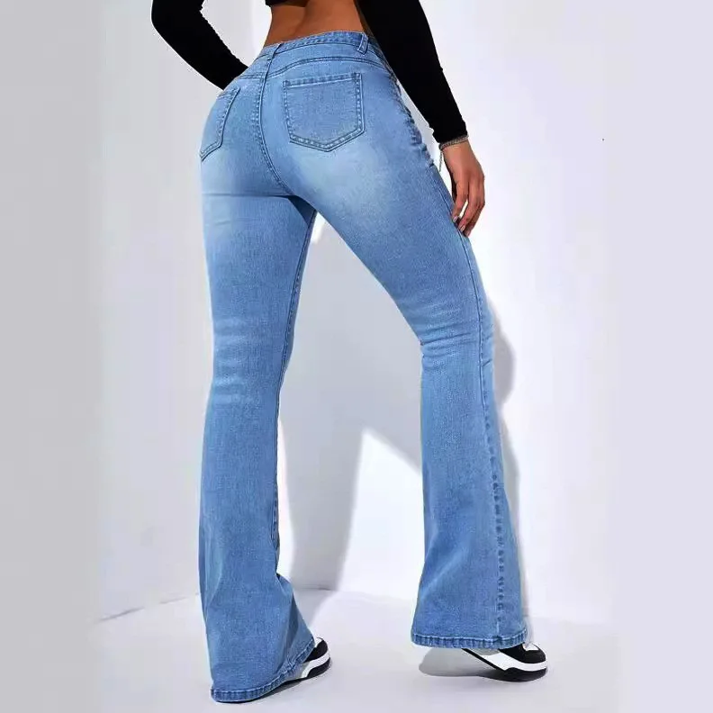 High Waist Slim Jeans, Stretch Slim Straight Jeans, Slight Flare Tapered Jeans, Casual Versatile Comfortable Elastic Denim