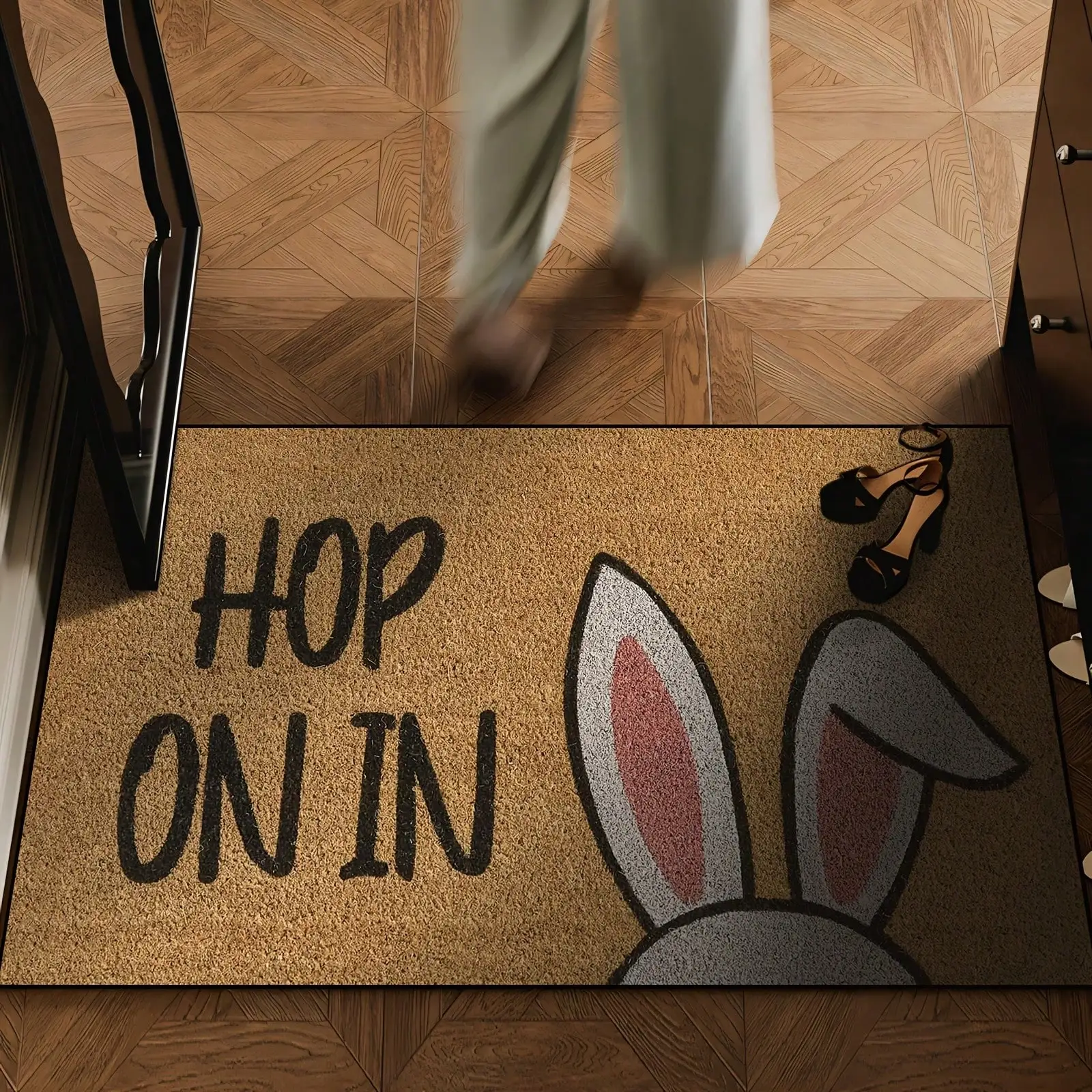 

Фланелевый коврик с пасхальным рисунком «HOP ON IN» (1 шт.), в деревенском стиле, для дома и улицы, нескользящий, машинная стирка, Q