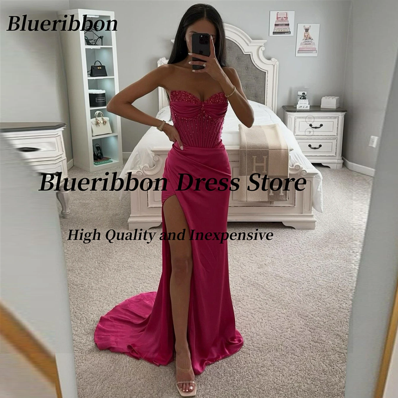 

Blueribbon Handmade Beaded Sexy Sweetheart Prom Dresses 2024 High Side Slit Long Maid of Honor Wedding Party Evening Gowns