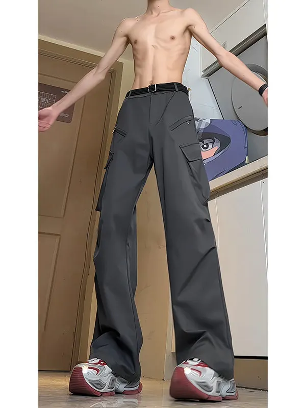 

American High Street Sle Men's Summer High Waist Loose Fit Casual Pants Multiple kets Straight Leg Workwear Trousers