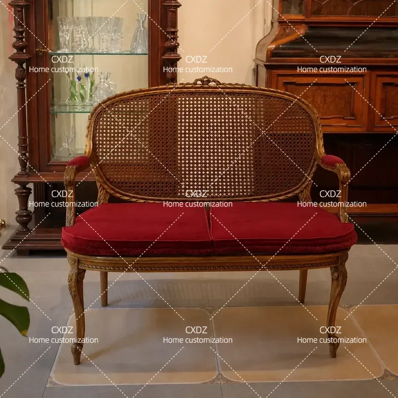 Solid Wood Leisure Chair Retro Double Rattan Sofa Gold Carved Living Room Furniture Customizable