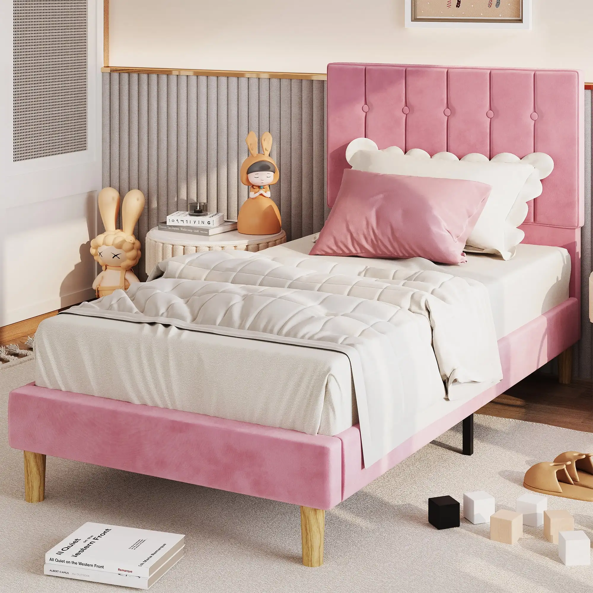 LIKIMIO Twin-Bettrahmen, samtgepolsterter Plattformbettrahmen mit Kopfteil und starken Holzlatten, Rosa/Grau/Blau/Beige