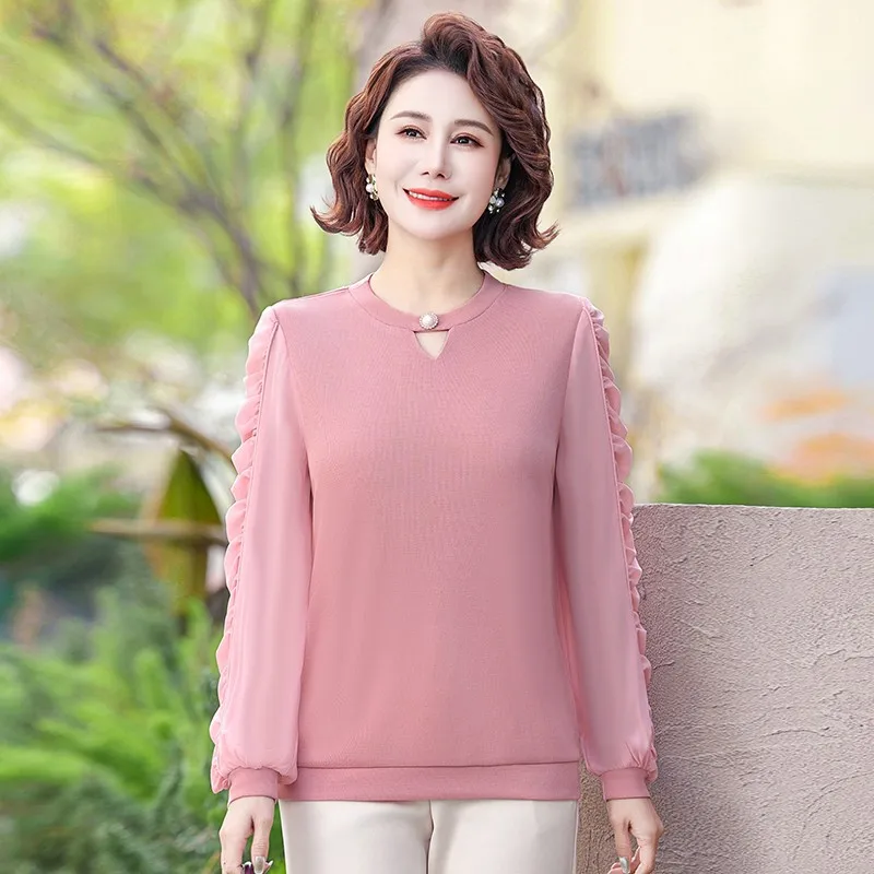 Chic Spliced Blouse Vintage Solid Color Spring Autumn Casual Round Neck Commute Long Sleeve Shir Women's Clothing