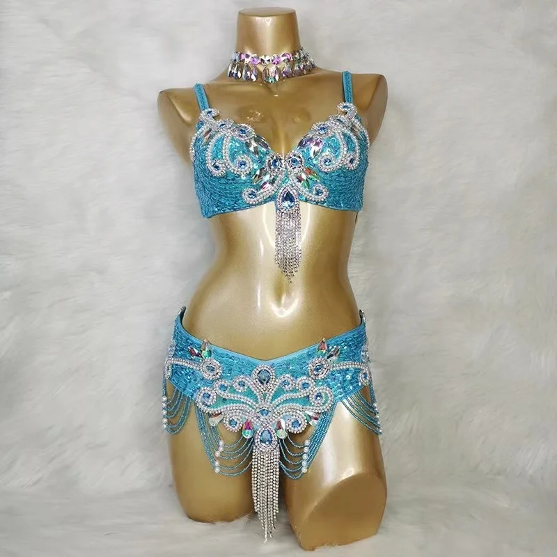 

Adult Tassel Belly Dancing Bra and Belt Samba Carnival Costumes Festival Outfit Stage Performance Wear Silver Blue Orange Green