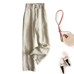Linen Solid Casual Basic Elastic High Waist Wide Leg Loose Women's Pants Ankle-Length Pants For Women Clothing Fashion 2024