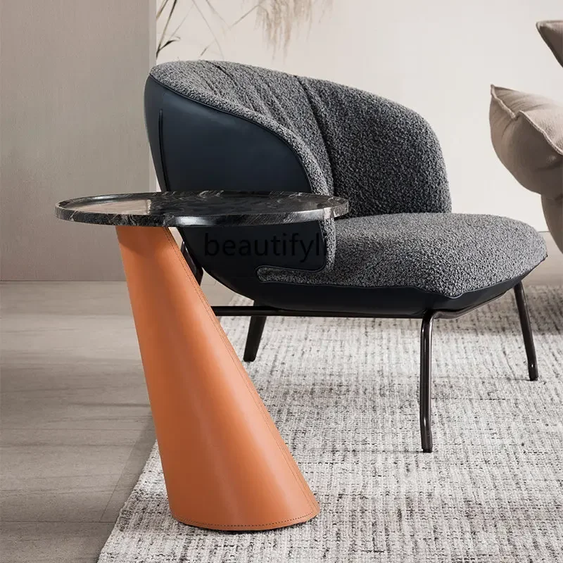 

zz1zzItalian Minimalist Saddle Leather Marble Side Table round Sofa Side Table Creative Personality Mini Corner Table